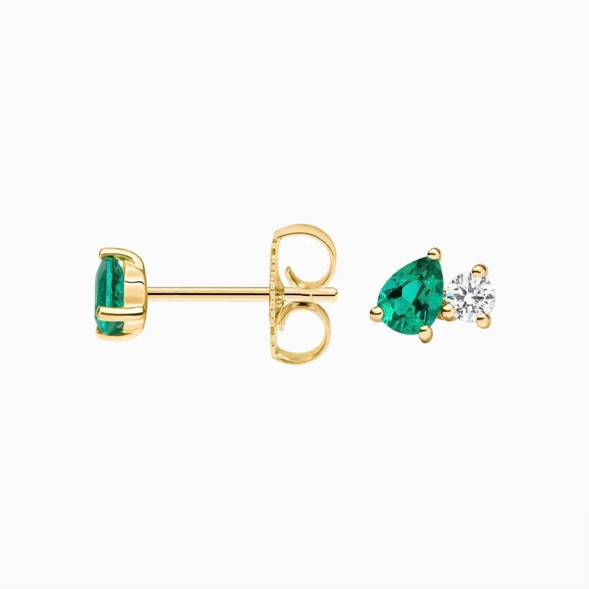 Pear Lab Emerald and Round Lab Diamond Toi Et Moi Earrings (1/10 ct. tw.) in 14K Yellow Gold